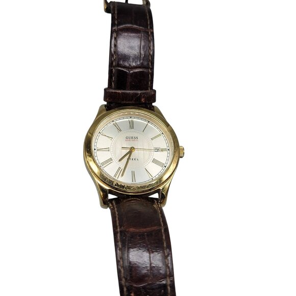 Guess Steel Mens Watch 39mm Gold Plated Case 7.25" Crocodile Leather Band VTG - Picture 10 of 16